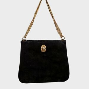 Vintage RUTH SALTZ Black Suede Shoulder Bag |Old Hollywood | Gold Chain Strap.